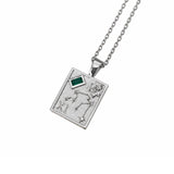 A silver-toned pendant necklace featuring the Cancer zodiac sign with a small green rectangular gemstone, shown on a clean white background.
