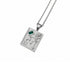 A silver-toned pendant necklace featuring the Cancer zodiac sign with a small green rectangular gemstone, shown on a clean white background.