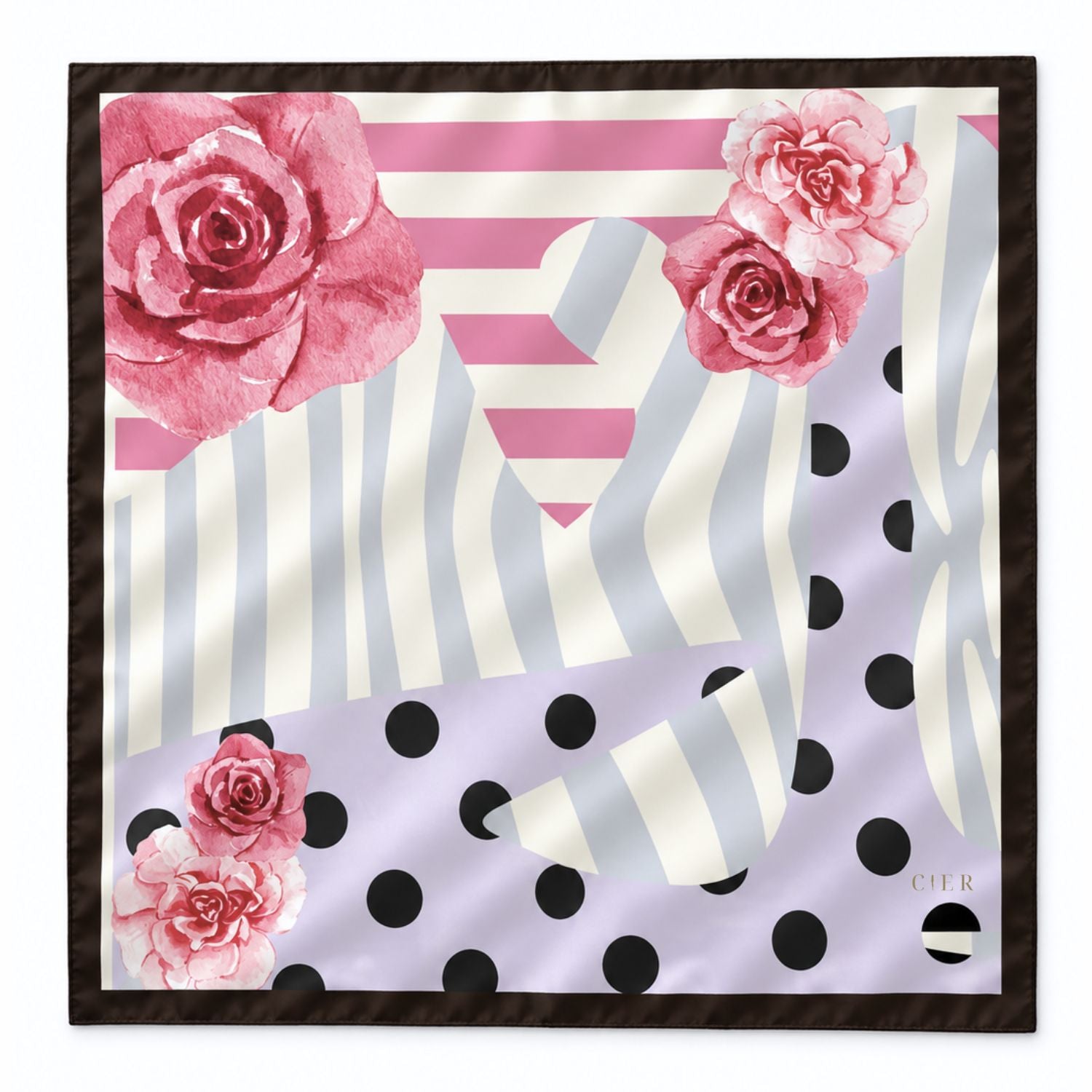 A square silk scarf featuring a modern abstract pattern with pink watercolor roses, pink and white stripes, lavender polka dots, and gray wavy lines, finished with a dark brown border.