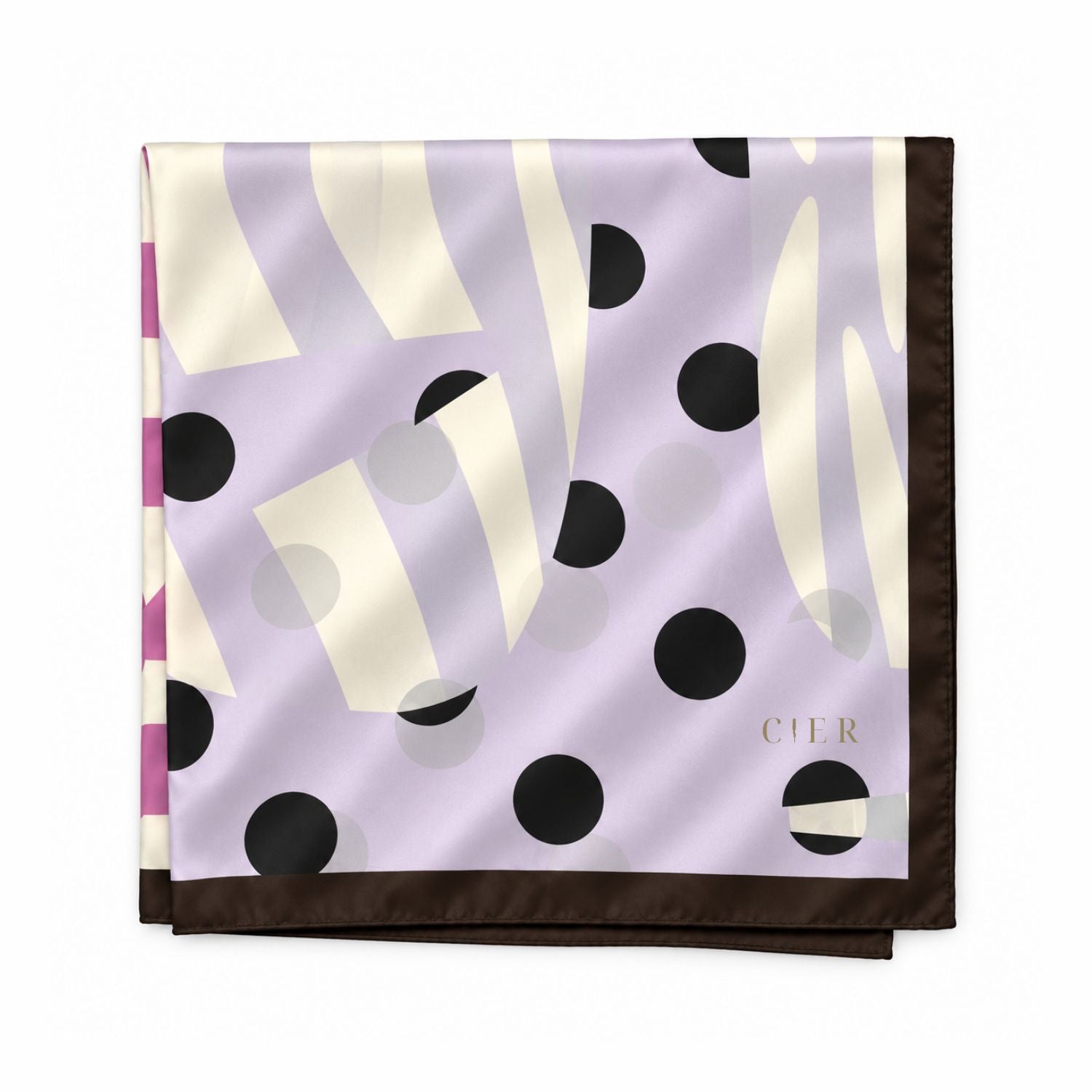 A folded square silk scarf with an abstract pattern featuring black polka dots, cream-colored wavy stripes, and a lavender-purple background, finished with a dark brown border. CIER logo printed on the bottom right.