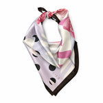 A square silk scarf with a modern abstract print featuring pink watercolor brushstrokes, black polka dots, and diagonal stripes on a light lavender background, finished with a dark brown border and tie. The brand name 'CIER' is printed near the bottom corner.