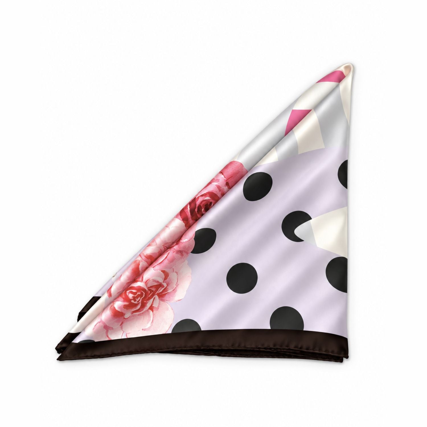 A folded square scarf with a light lavender background, black polka dots, pink rose floral print, and a dark brown border, displayed on a clean white background.