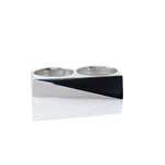 Sterling silver double finger ring with slanted design on top, featured on a white background.