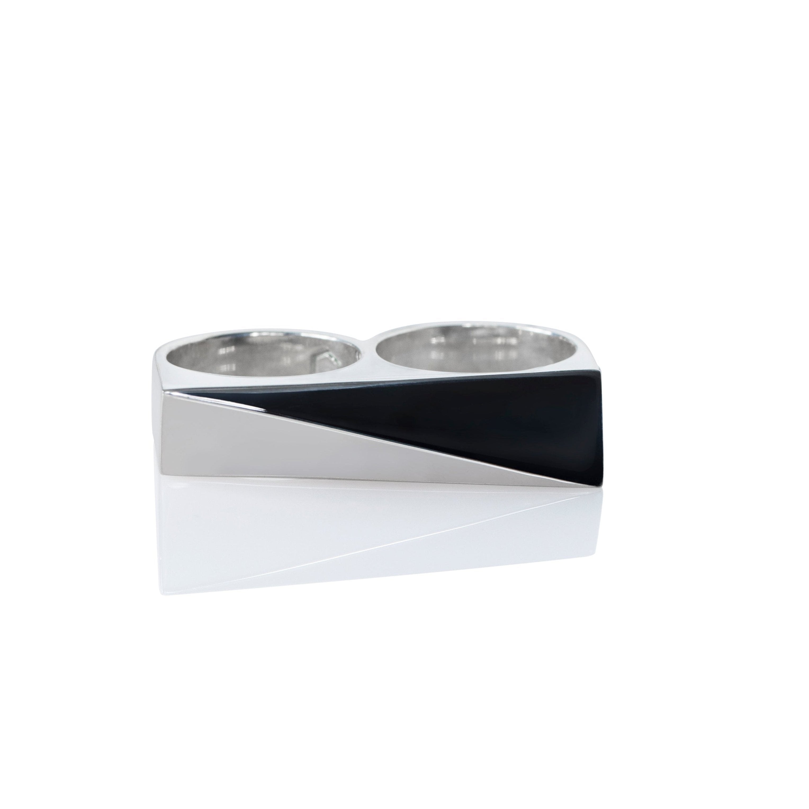 Sterling silver double finger ring with slanted design on top, featured on a white background.