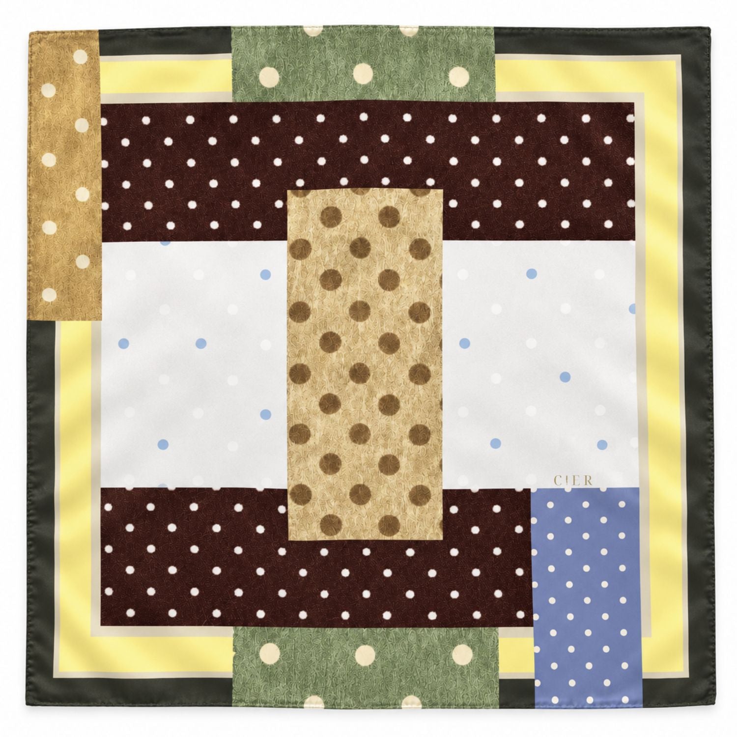 A square patchwork scarf laid flat on a white background. The design features blocks of dark brown with white polka dots, olive green with beige polka dots, light yellow, white with tiny blue dots, and a central tan block with brown polka dots.
