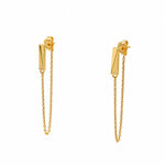 A pair of gold vermeil earrings with a chain attached to a stud and butterfly back, featuring round lab grown diamonds.