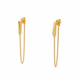 A pair of gold vermeil earrings with a chain attached to a stud and butterfly back, featuring round lab grown diamonds.