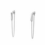 A pair of sterling silver earrings with a chain attached to a stud and butterfly back, featuring round lab grown diamonds.