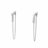 A pair of sterling silver earrings with a chain attached to a stud and butterfly back, featuring round lab grown diamonds.