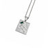 A silver-toned square pendant necklace featuring an engraved constellation design, Roman numeral III, and a small green rectangular inset, suspended from a matching silver chain against a plain white background.