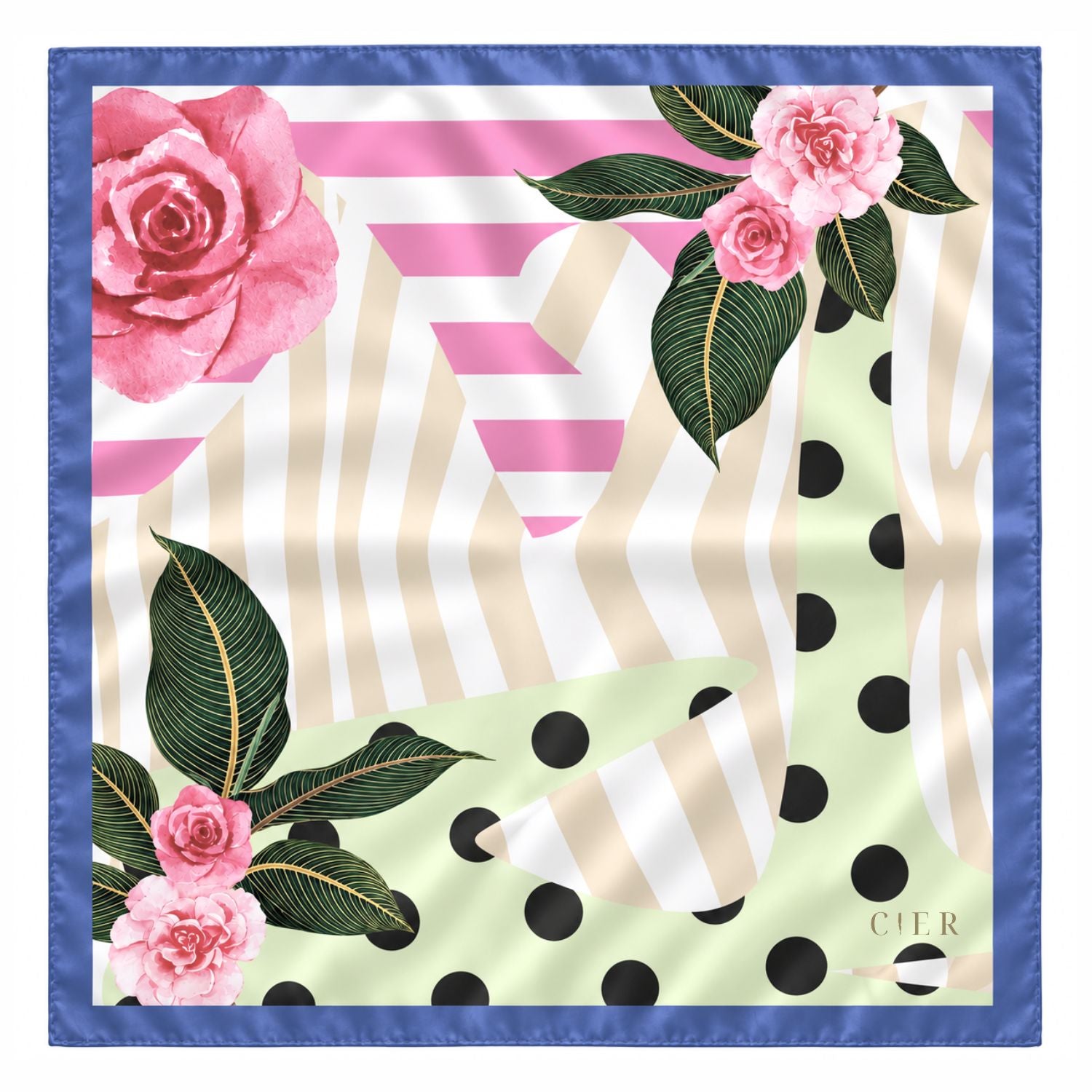 A square silk scarf featuring a multicolor abstract pattern with pink and pink-and-white stripes, beige and white wavy lines, black polka dots on a pale green section, and pink roses with green leaves. The scarf has a solid blue border and the monogram 'CIER' printed in gold in the bottom right corner.