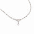 A silver paperclip chain necklace featuring a polished heart-shaped pendant with a small teardrop pearl charm below it, displayed on a clean white background.