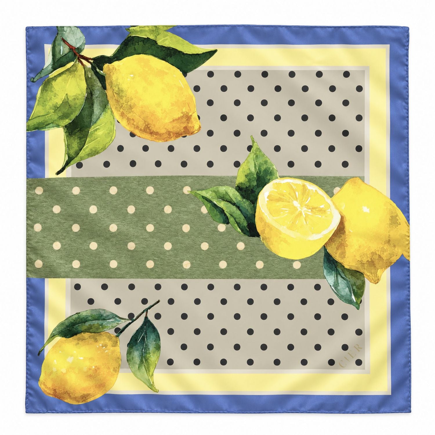 A square scarf featuring a watercolor lemon pattern with green leaves, set against a background of black polka dots on a light gray field, bordered by a yellow band and a blue outer border.