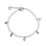 A pearl charm bracelet with a silver-tone clasp and five dangling charms shaped like a starfish, a seashell, a leaf, a spiral shell, and a hexagon, shown on a plain white background.