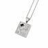 A silver-toned necklace featuring a square pendant with the Roman numeral VIII, astrological symbols, and a small black diamond accent on a white background.