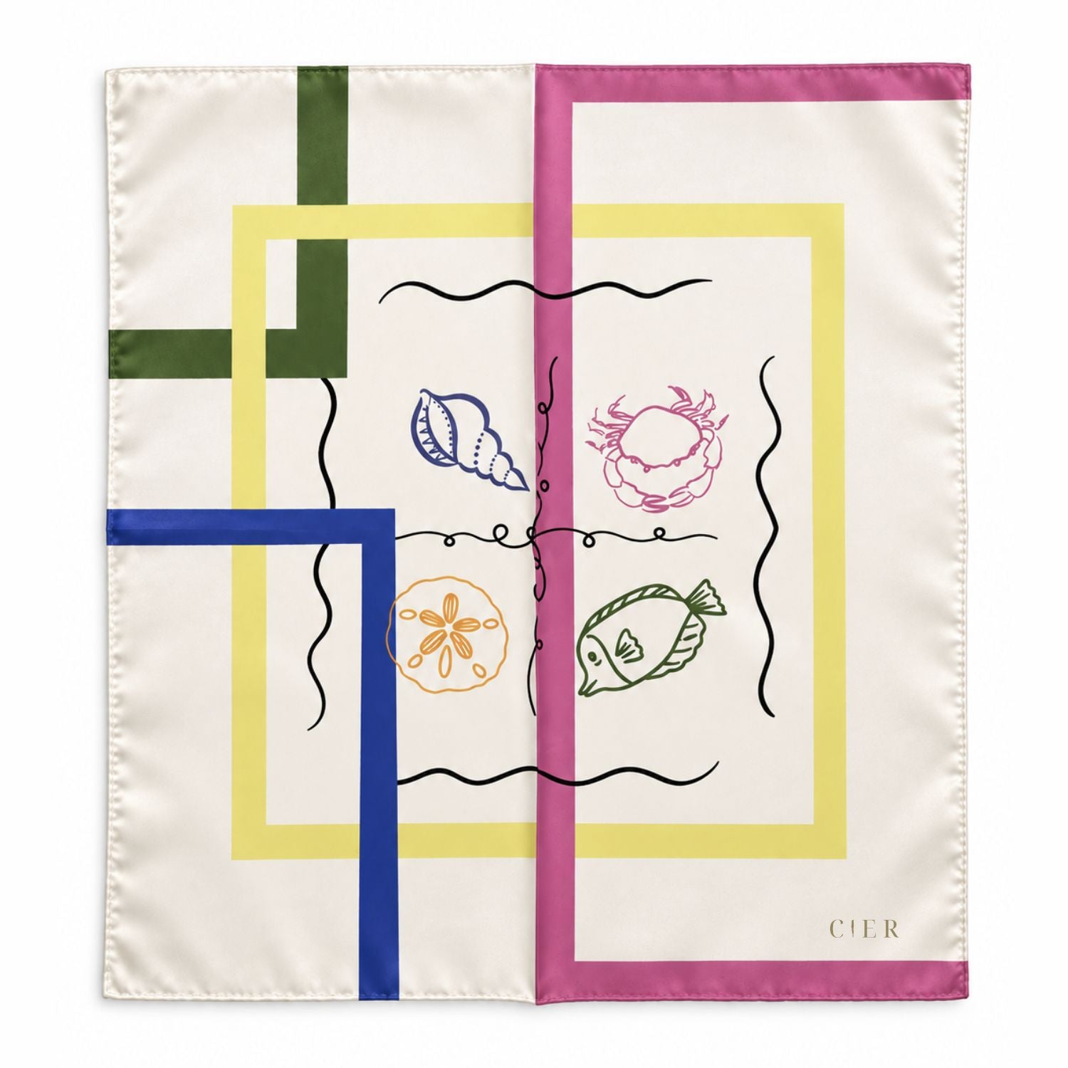 A square silk scarf with a cream background, featuring a colorful abstract design with seashell, crab, fish, and sand dollar illustrations, bordered in green, blue, yellow, and pink. The monogram 'CIER' is printed in the bottom right corner.