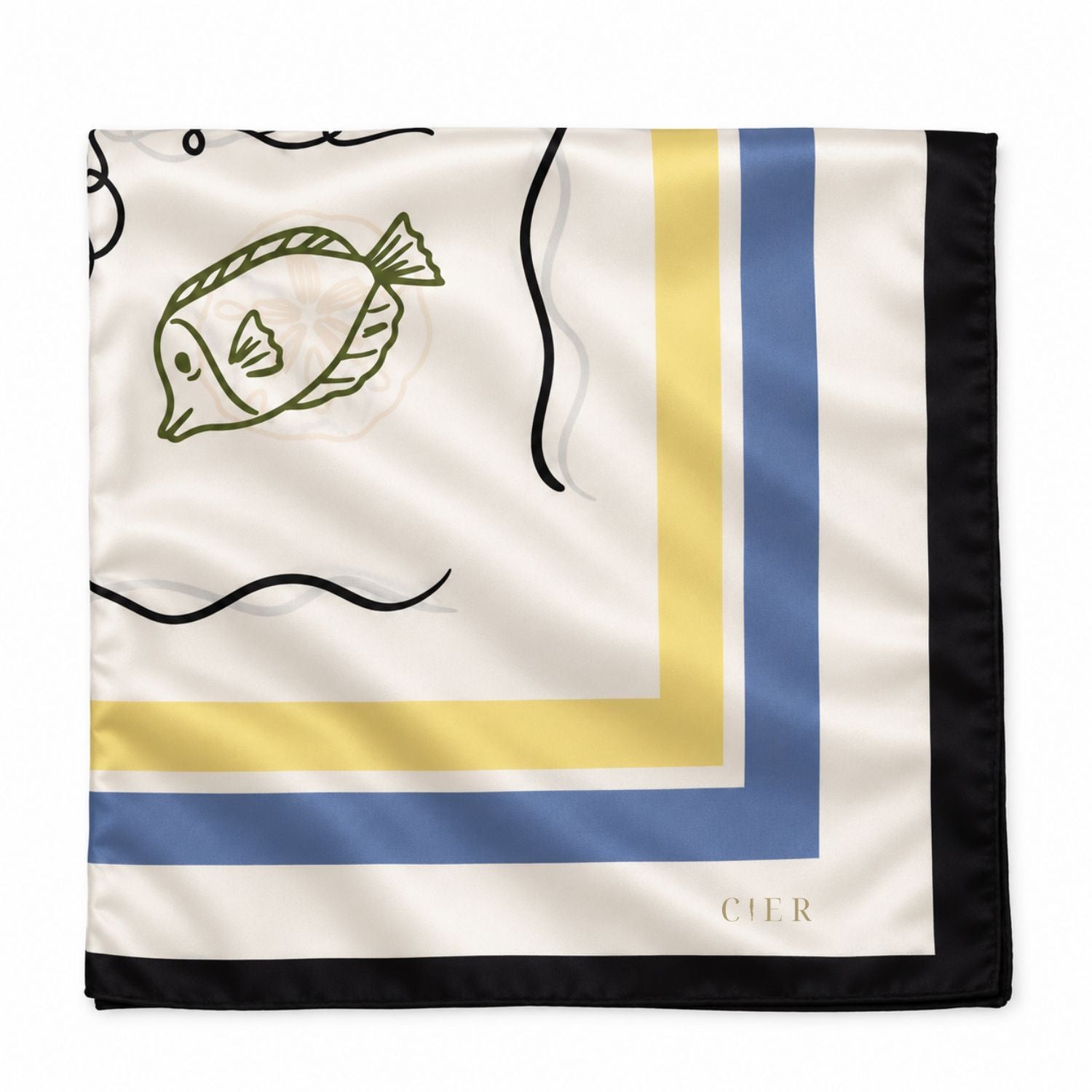 A square silk scarf with a cream background, featuring a stylized green fish illustration, a yellow and blue geometric border, a black border, and the brand name 'CIER' printed in gold near the bottom right corner.