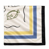 A square silk scarf with a cream background, featuring a stylized green fish illustration, a yellow and blue geometric border, a black border, and the brand name 'CIER' printed in gold near the bottom right corner.
