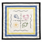 A square scarf with a white base, featuring a black border, a blue and yellow inner border, and four nautical illustrations (a blue seashell, a pink crab, a yellow sand dollar, and a green fish) arranged in a grid. The brand name 'CIER' is printed in the bottom right corner.