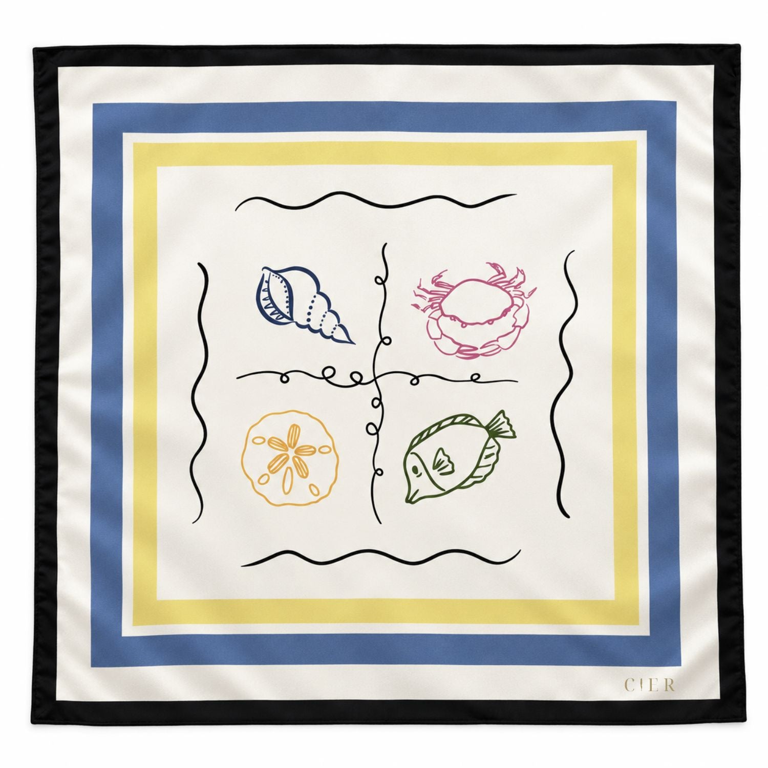 A square scarf with a white base, featuring a black border, a blue and yellow inner border, and four nautical illustrations (a blue seashell, a pink crab, a yellow sand dollar, and a green fish) arranged in a grid. The brand name 'CIER' is printed in the bottom right corner.
