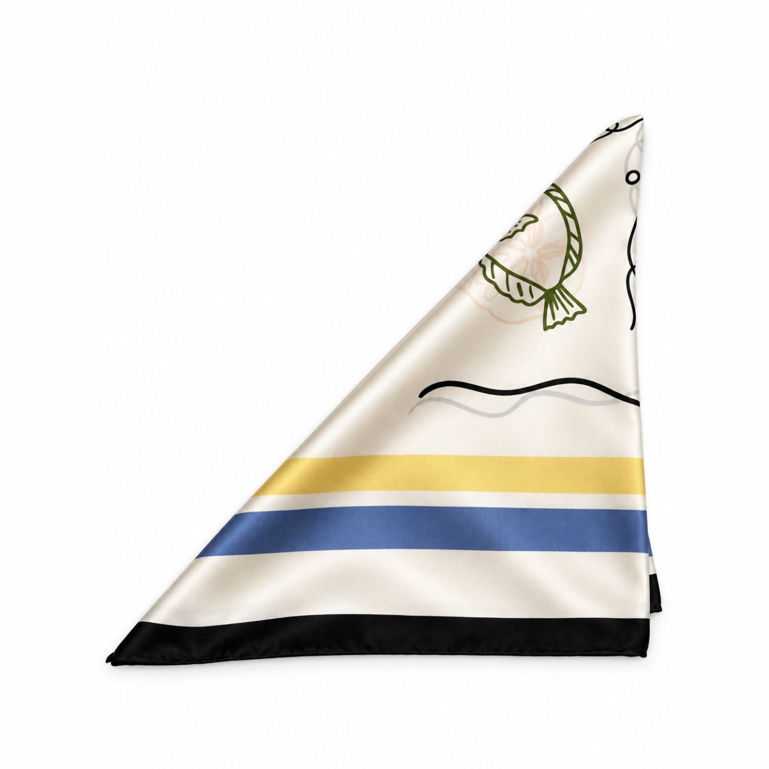 A folded white satin neck scarf with a black line art face design, green wreath detail, and horizontal stripes in yellow, blue, and black.