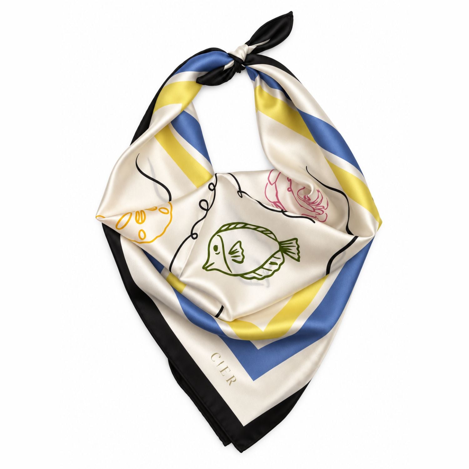 A silk scarf with a cream base, featuring blue and yellow stripes, a green fish illustration, and a black border, tied in a knot on a white background.
