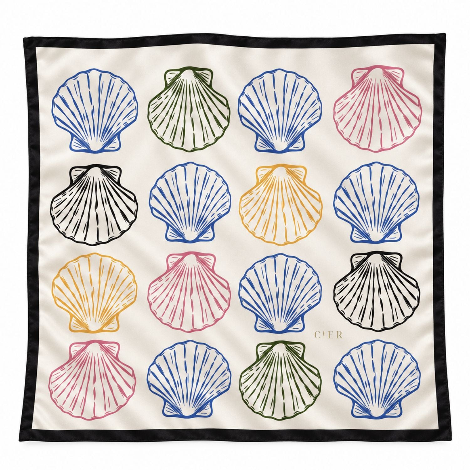 A square scarf featuring a grid of colorful scallop shell illustrations on an off-white background with a black border. The word 'CIER' is printed near the lower center.