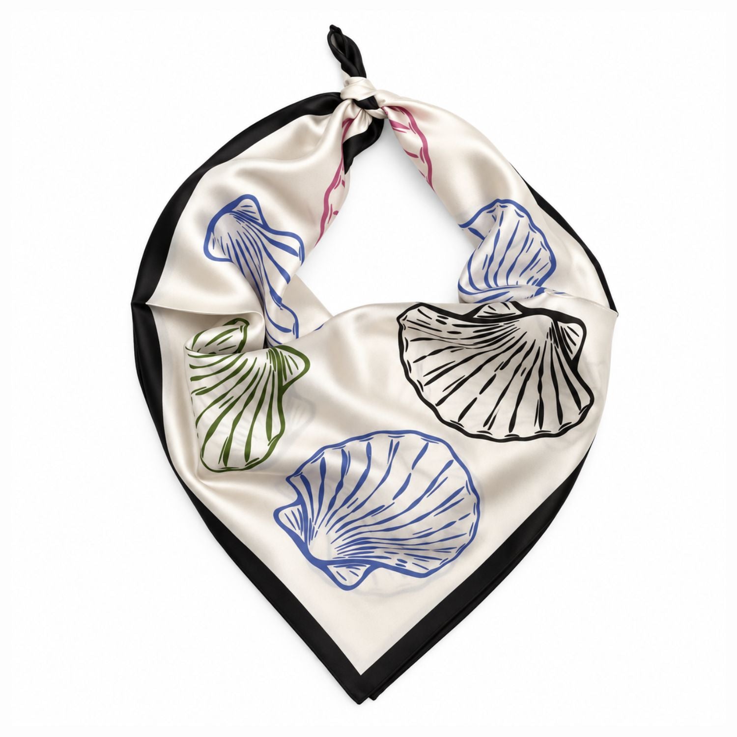 A square silk scarf with a black border, featuring a print of seashells in blue, green, and black on an off-white background. The scarf is tied in a knot at the top and displayed against a solid white background.