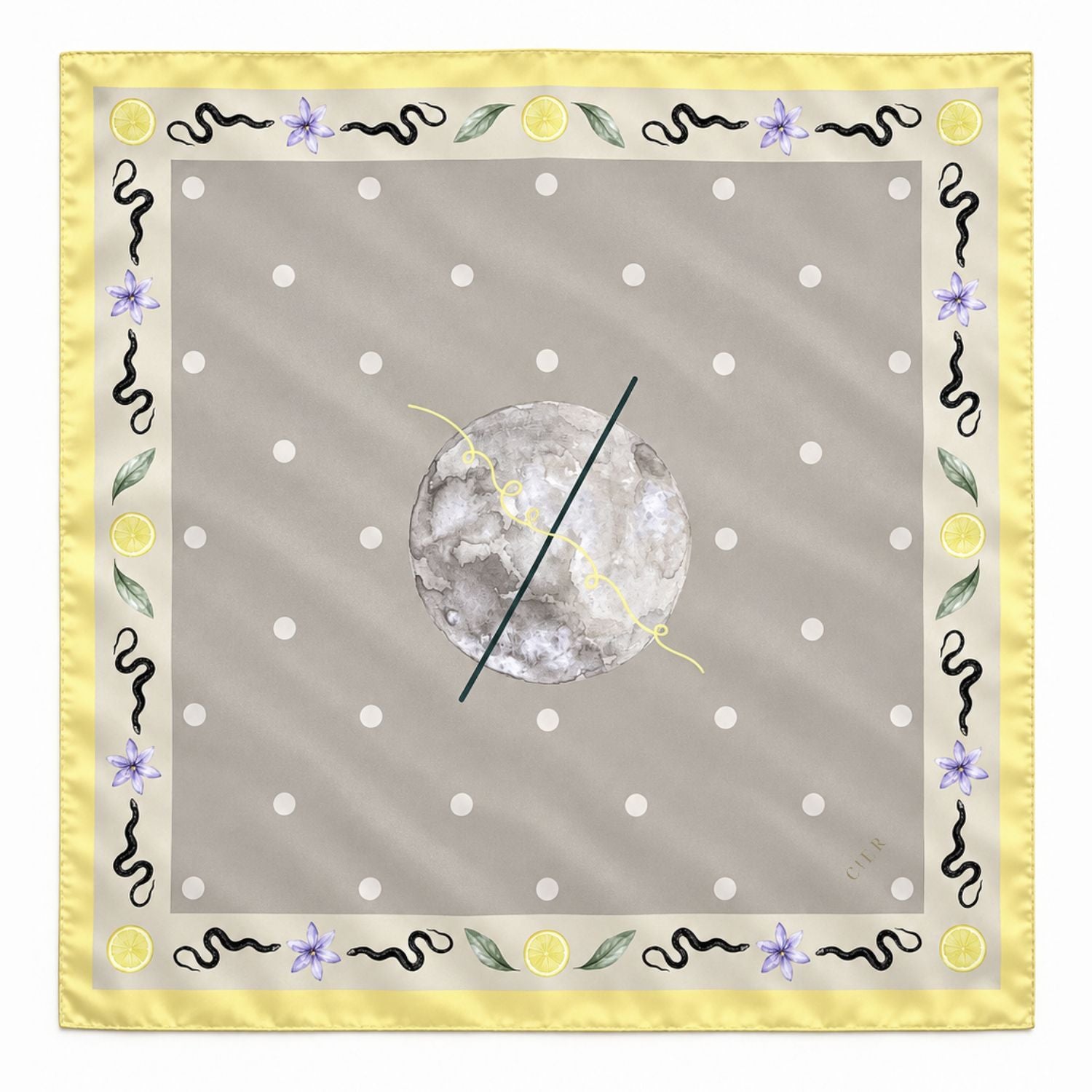 A square scarf with a pale yellow border featuring a decorative pattern of black squiggles, purple flowers, green leaves, and yellow sun motifs. The center is a light gray field with white polka dots and a central moon illustration crossed by a dark green line.