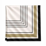 A square silk scarf with a geometric Art Deco design, featuring black lines on an off-white background, a gold border, and a black edge. The brand name 'CIER' is printed in gold on the bottom right corner.