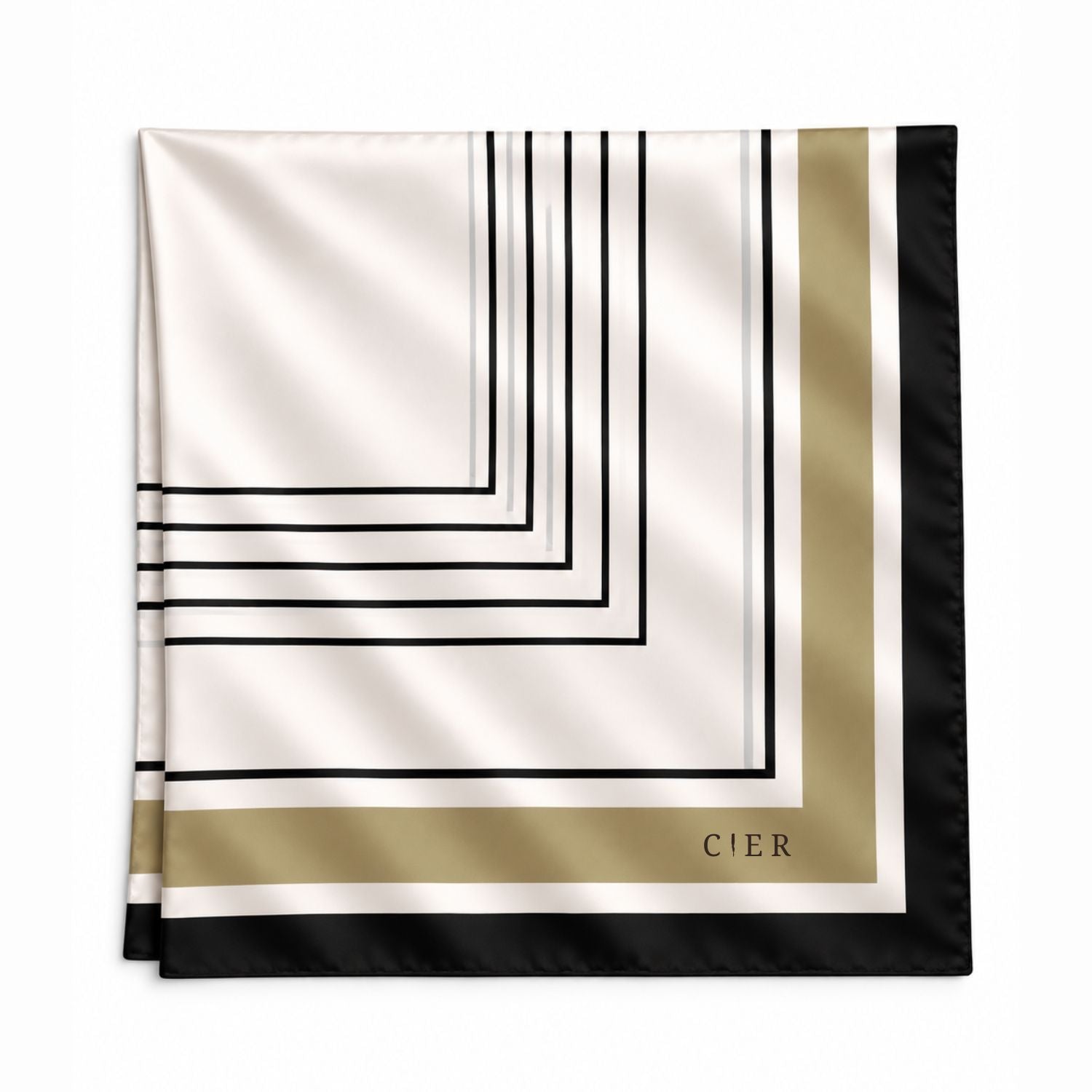 A square silk scarf with a geometric Art Deco design, featuring black lines on an off-white background, a gold border, and a black edge. The brand name 'CIER' is printed in gold on the bottom right corner.