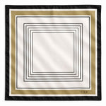 A square silk scarf featuring a geometric border design with concentric double-line frames in black, white, olive-gold, and black. The brand name 'CIER' is printed in black at the bottom right corner.