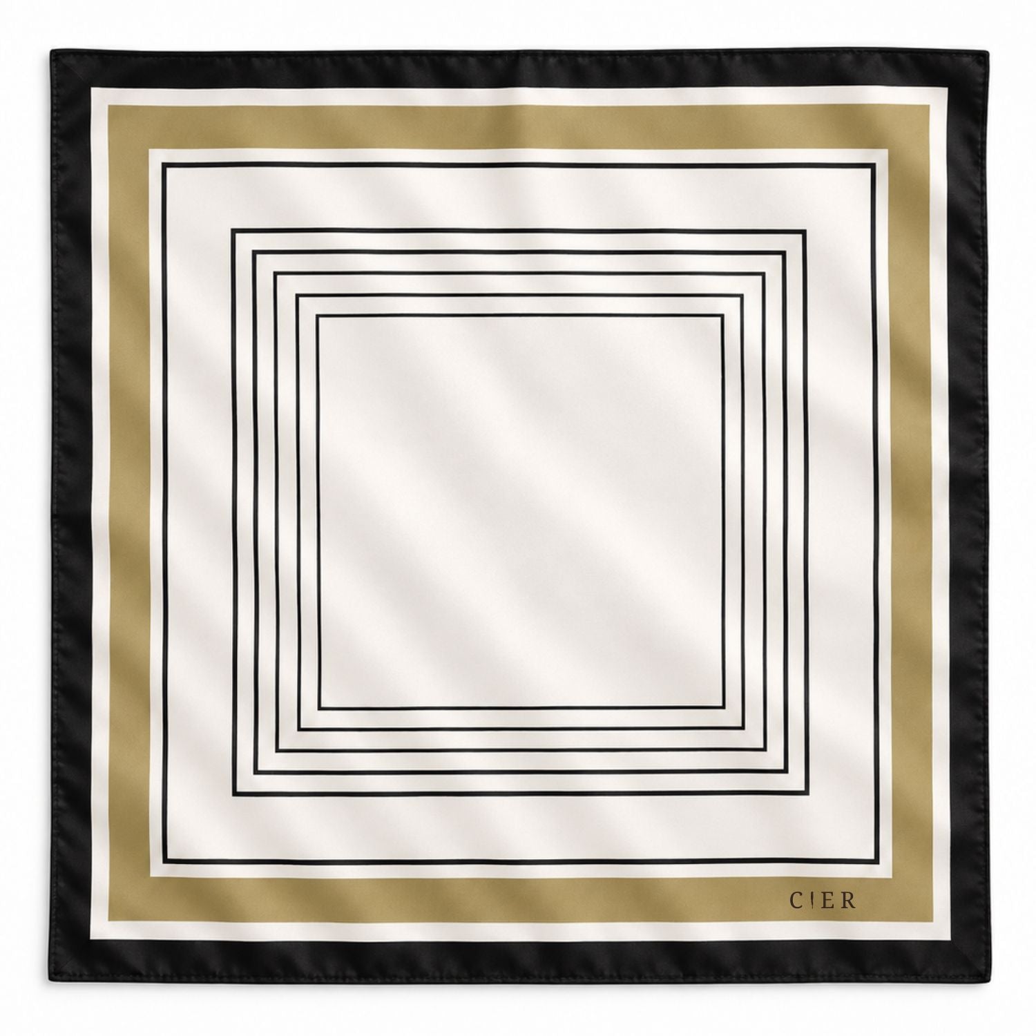 A square silk scarf featuring a geometric border design with concentric double-line frames in black, white, olive-gold, and black. The brand name 'CIER' is printed in black at the bottom right corner.