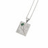 A silver-toned rectangular pendant necklace featuring a textured background with a small green rectangular gemstone, a flower motif, and the Roman numeral II, suspended from a fine silver chain against a white background.