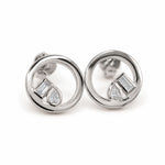 A pair of silver-toned stud earrings with open circular rings and small lab-grown baguette and pear-cut diamonds, shown on a plain white background.