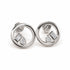 A pair of silver-toned stud earrings with open circular rings and small lab-grown baguette and pear-cut diamonds, shown on a plain white background.