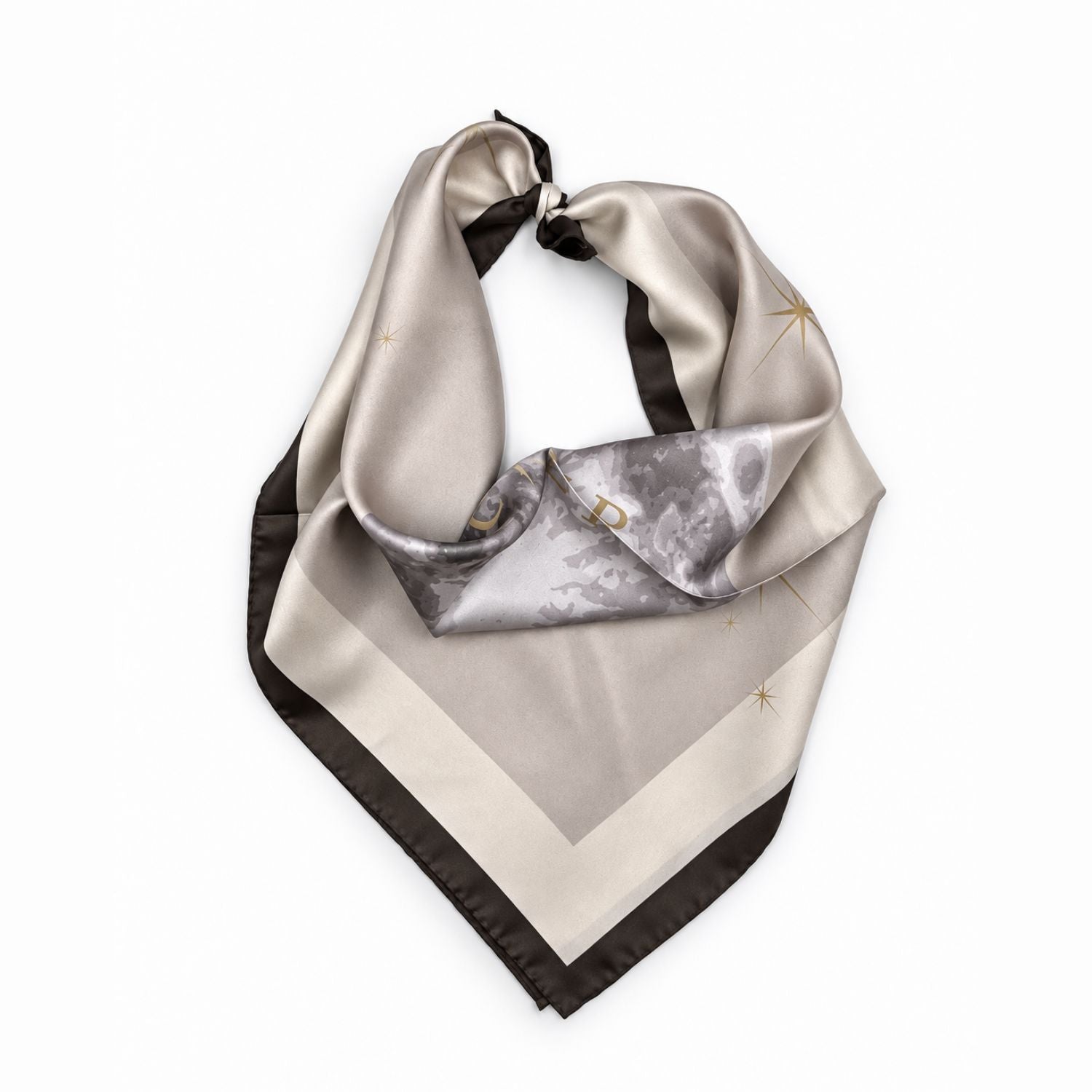 A square silk scarf with a celestial design, featuring a light beige and gray moon and star pattern, finished with a dark brown border, displayed on a clean white background.