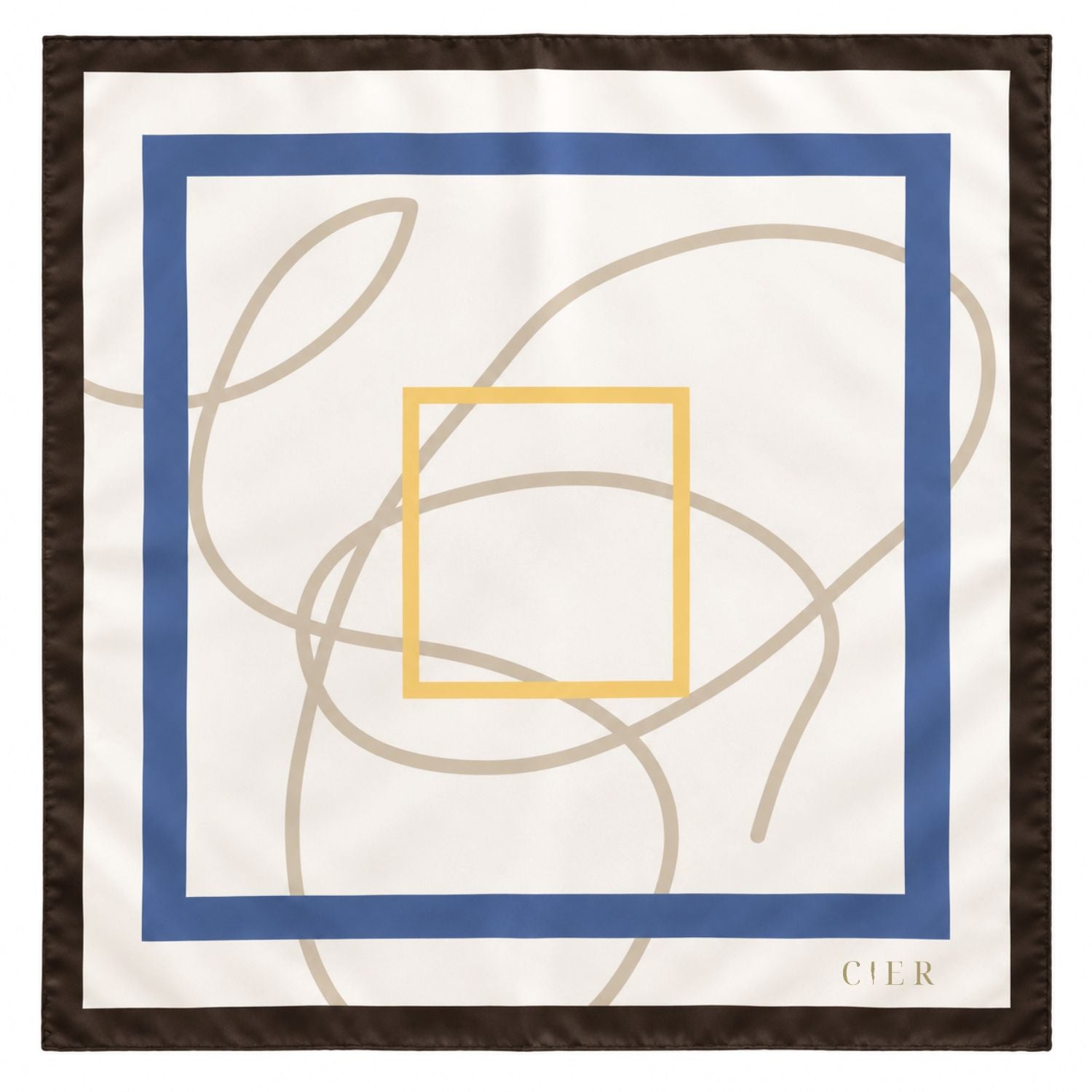 A square scarf with a white center, a blue border, a yellow inner square, and abstract beige lines, finished with a dark brown border and the monogram 'CIER' in the bottom right corner.