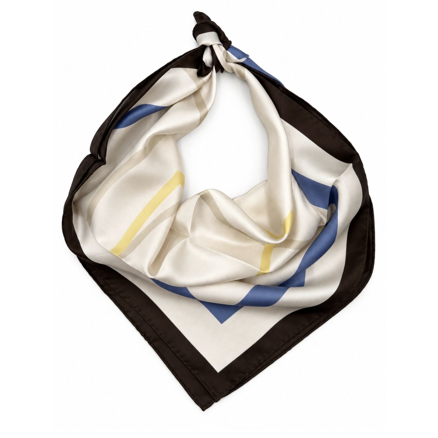 A square silk scarf with a cream base, featuring a thick black border, blue geometric stripes, and thin yellow lines, tied in a loop on a white background.