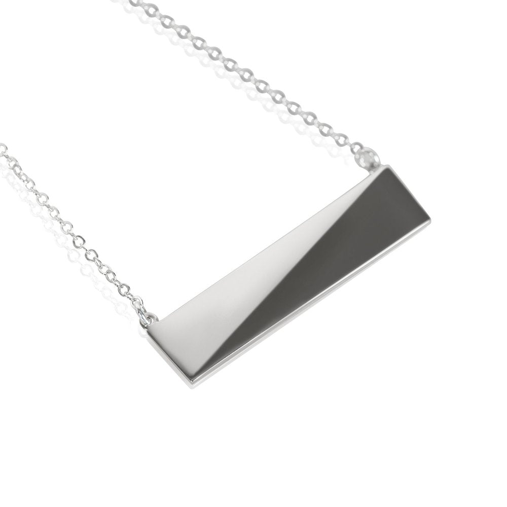 A sterling silver flex necklace with a bar-shaped pendant and a rhodium plated finish, featuring a lobster clasp closure.