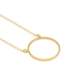 A 14K gold plated circular necklace on a white background shot in studio.